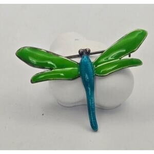 Vintage Silver Tone Pewter Green & Blue Dragonfly Brooch